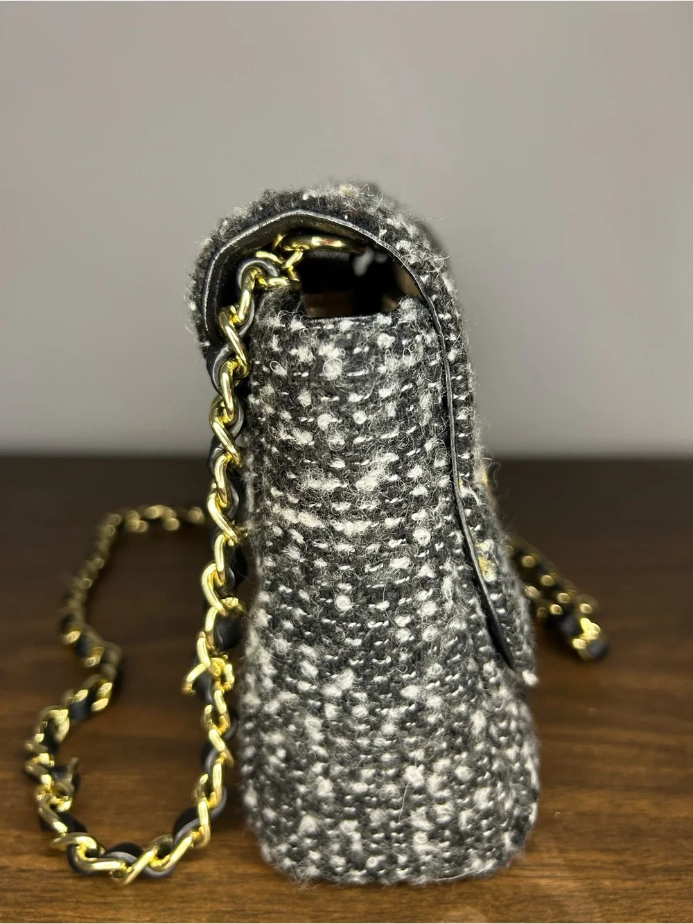 Talbots Twisted Tweed Black Gray Wool Blend Crossbody Bag Gold Chain